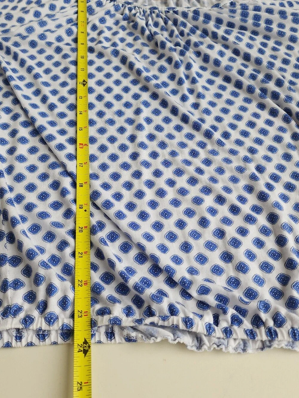Michael Kors Peasant Blouse Blue White Geometric Print Scoop Neck Relaxed Boho M